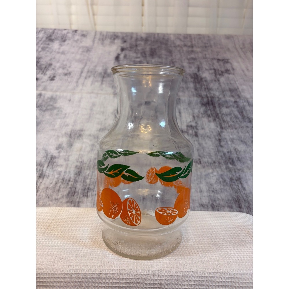 Vintage Orange Juice Glass Carafe Pitcher Citrus Print Textured Base 7.5 Inch